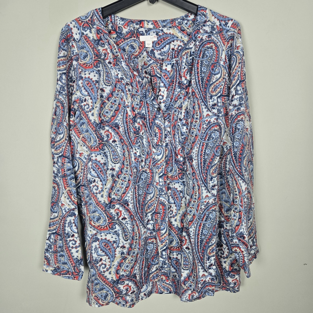 J Jill Womens Paisley Artsy Button Up Top Size L Blue Floral Boho Mature Office